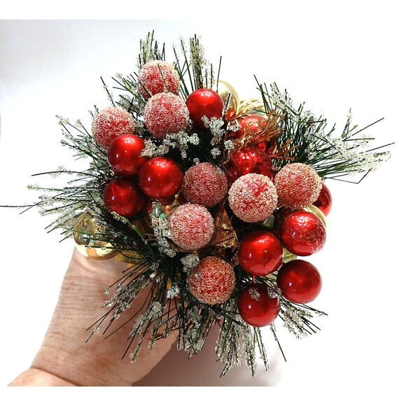 Christmas Arrangement Red Gold Painted Crackle Mason Jar Farmhouse Shabby Chic - Picture 8 of 8